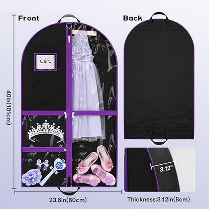 2Pack Dance Garment Bags for Dancers, 40" Garment Bags for Hanging Clothes with 3 Clear Zipper Pockets, Cheer Uniform Garment Bag for Suits, Travel & Sports Jersey, Cheer Uniform (Purple, 2Pack 40")