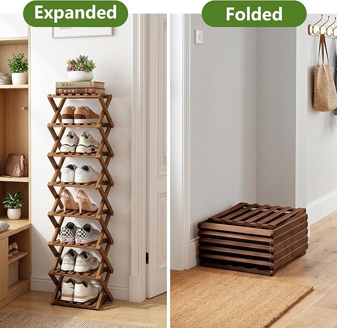 Narrow Shoe Rack, Foldable Bamboo Shoes Shelf for Small Spaces, Multifunctional Vertical Shoe Organizer Tall for Entryway, Closet, Corner, Bedroom, Hallway (Brown, 4 Layers)