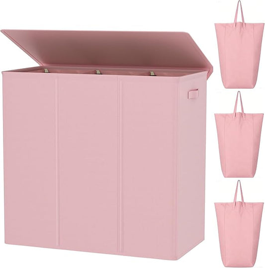 WOWLIVE 180L Laundry Hamper with Lid 3 Section,Large Laundry Basket with Removable Bags and Handles,Collapsible Dirty Clothes Hampers for Laundry,Laundry Basket Organizer for Laundry Room,Dorm,Pink