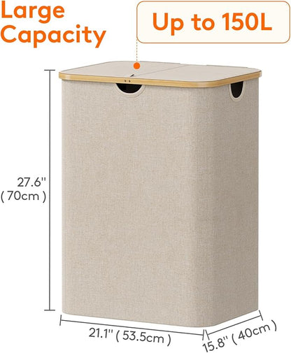 Lifewit 150L Laundry Basket with Lid, Clothes Hampers for Laundry with Bamboo Handles and 2 Removable Bag, Large Foldable Laundry Hamper for Bedroom, Bathroom, Dorm, Laundry Room, Beige