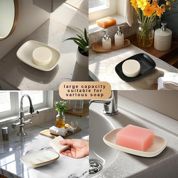 Ceramic Soap Dish for Bathroom, Bar Soap Holder with Elevated Ridges - Keeps Soap Dry, Premium Porcelain Dish, Elegant Modern Decor for Vanity Sink, Shower (Beige)