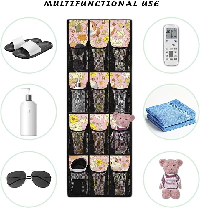 Pink Guinea Pig Hanging Door Organizer with 12 Multi-Pockets Large Capacity Door Hanging Shoe Organizer for Dorm Room Essentials,Easy to Install and Mesh Fabric