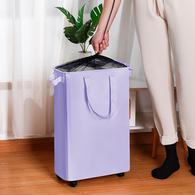 efluky Slim Laundry Hamper with Wheels, Rolling Laundry Basket for Clothes, Small Laundry Basket for Bedroom, Dorm and Laundry Room, 60L (12.7 Gallons) Purple