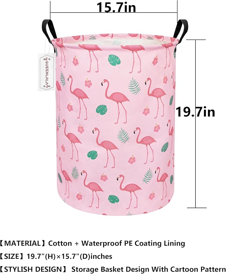 QUEENLALA Large Storage Basket,Laundry Hamper/Bathroom/Home Decor/Collapsible Round Storage Bin,Boys and Girls Hamper/Boxes/Clothing(Round-Pink Flamingo)