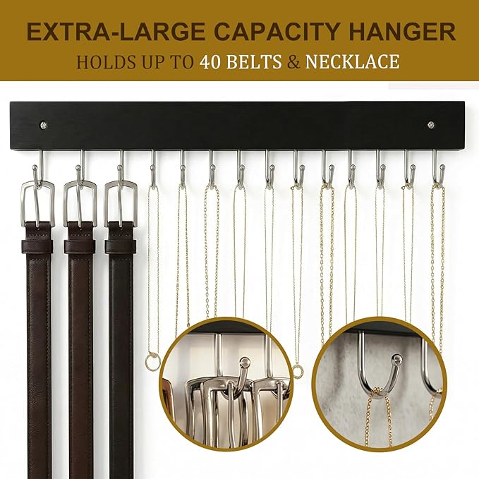 Wall Mounted Tie & Belt Rack Organizer - 2 Pack, 28 Hooks Hold 40 Ties & 40 Belts, 180° Rotating Space Saving Design, Sturdy Wood Decorative Wall Storage (Black)