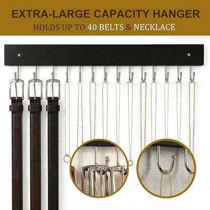 Wall Mounted Tie & Belt Rack Organizer - 2 Pack, 28 Hooks Hold 40 Ties & 40 Belts, 180° Rotating Space Saving Design, Sturdy Wood Decorative Wall Storage (Black)