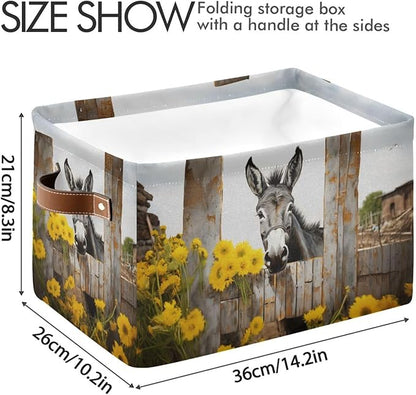 Storage Basket Donkey with Yellow Flowers Durable Canvas Collapsible Toy Box Organizer Bin with Handles for Shelf Closet Bedroom Home Office