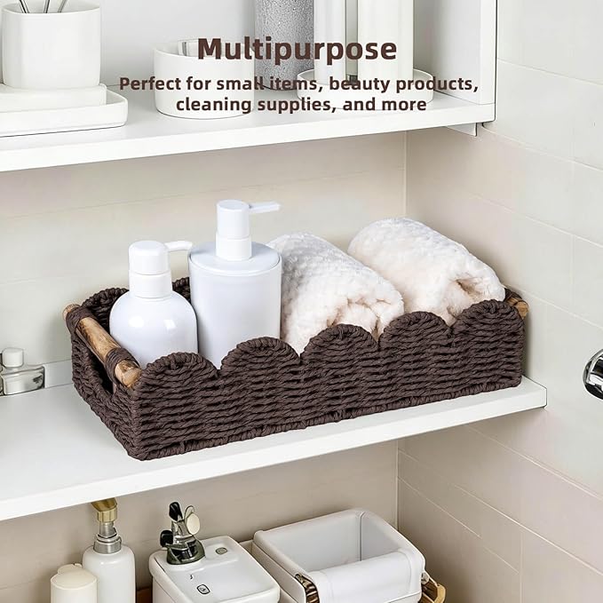 CubesLand Bathroom Basket Organizer w/Cut Out Handle, Back of Toilet Paper Storage Baskets Tray for Bathroom Countertop Decorative, Scalloped Wicker Basket Also for Home Decor, Living Room, Brown