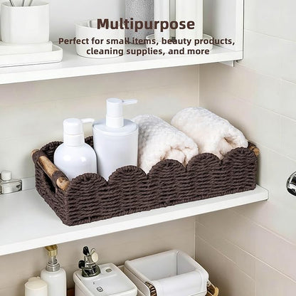CubesLand Bathroom Basket Organizer w/Cut Out Handle, Back of Toilet Paper Storage Baskets Tray for Bathroom Countertop Decorative, Scalloped Wicker Basket Also for Home Decor, Living Room, Brown