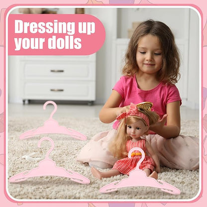 Soulchen 50 Pcs Doll Clothes Hangers for 18 Inch Dolls, Pink Plastic Clothes Hangers with Non-Slip Clips, Space-Saving Wardrobe Accessories for Gown Dress Outfit