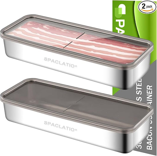 2 Pack Bacon Container for Refrigerator, 304 Stainless Steel Airtight Deli Meat Storage Containers with Lids for Fridge, Dishwasher Safe Food StorageContainers Fridge Organizers and Storage(46 OZ)