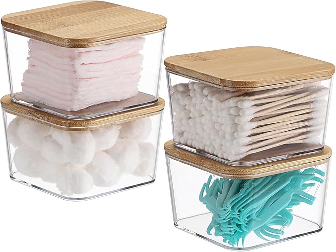 Hipiwe 4 PCS Apothecary Jars Clear Qtip Holder with Lid Small Bathroom Dispenser Set Cotton Swab Organizer Square Bathroom Accessories Storage Canister