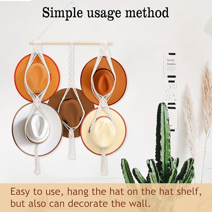 Macrame Hat Hangers 5 Hats Can Be Hung Bohemian Hat Holder Hat Organizer 100% Natural Cotton Can Be Used For Cowboy Hats, Wide-Brimmed Hats, Etc Room Decoration Gifts