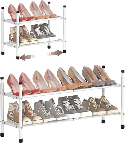 TZAMLI 2-Tier Shoe Rack for Closet, Expandable and Stackable Shoe Organizer Adjustable Metal Shoe Storage Small Shoe Shelf for Entryway Entrance, White