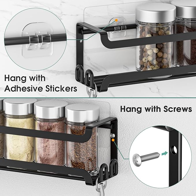 LUCYCAZ 2 Pack Wall Mounted Spice Rack with 8 Hooks, Spice Organizer Shelf for Stove Cabinet Pantry Door,Screw or Adhesive Spice Shelf Hanging Wall Spice Rack in Kitchen and RV (Black, 2 PACK)