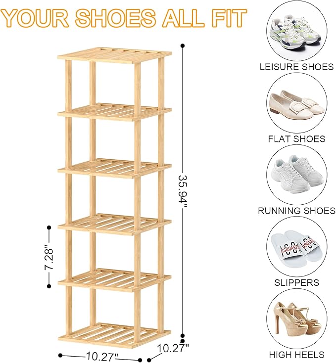 SHIISEWE Bamboo Shoe Rack - Vertical Skinny Shoe Shelf Space Saving Storage, Front Door Entrance Closet Corner Garage