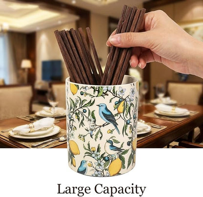 JarThenaAMCS Vintage Hummingbird Lemon Ceramic Utensil Holder Yellow Lemon Blue Bird Utensil Crock for Farmhouse Home Kitchen Countertop Storage Organizer Container