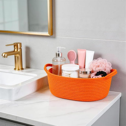 ShellKingdom Storage Basket with Handles, Empty Gift Basket with Gift Bags and Ribbon, Small Woven Baskets for Home, Nursery Storage Organizer, 12 X 8 X 5 INCH, Orange