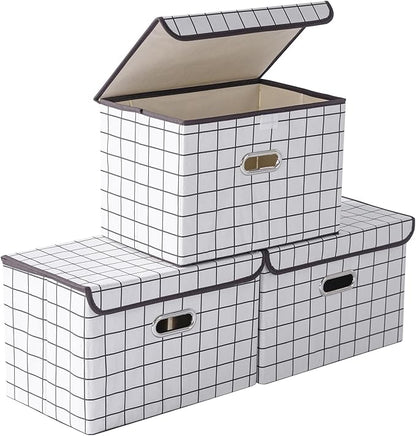 STOREONE Fabric Storage Cube Bins Foldable Organizer Container Collapsible Basket with Lids and Metal Handles, for Home, Bedroom, Closet 3 Pcs (White grid)