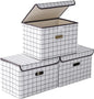 STOREONE Fabric Storage Cube Bins Foldable Organizer Container Collapsible Basket with Lids and Metal Handles, for Home, Bedroom, Closet 3 Pcs (White grid)