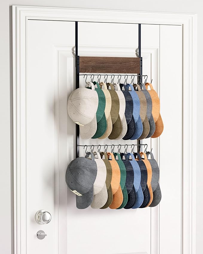 FANGSUN 2-Tier Over the Door Hat Rack with 20 Movable Hooks – Wall Mounted Hat Organizer for Baseball Cap Storage, Cap Holder Gifts for Men Dad, Christmas Presents