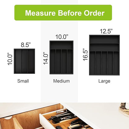 Unibambou Bamboo Utensil Drawer Organizer, Silverware Tray Organizer, Kitchen Drawer Organizer for Flatware Cutlery (Black, 3 Slots)
