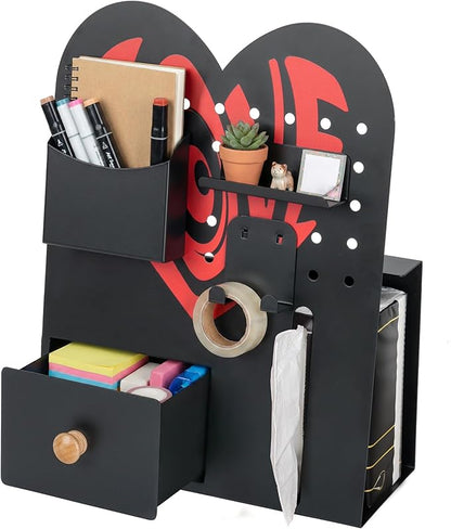 Magnetic Pegboard Organizer for Office Desk, Makeup Vanity, Stationery Storage, Gaming Desktop with 4 Metal Accessories Drawer Holder Hooks Modular - Home Decor Tabletop Display Kids Room - Black