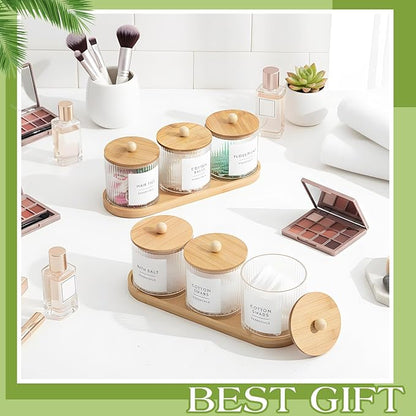 Vesici 6 Pack Bathroom Canisters Ribbed Apothecary Jars with Bamboo Lids 2 Bamboo Trays and 9 Label Stickers Cotton Swabs Holder Bathroom Organizer Storage Set Acrylic 18 oz Dispenser Container(Wood)