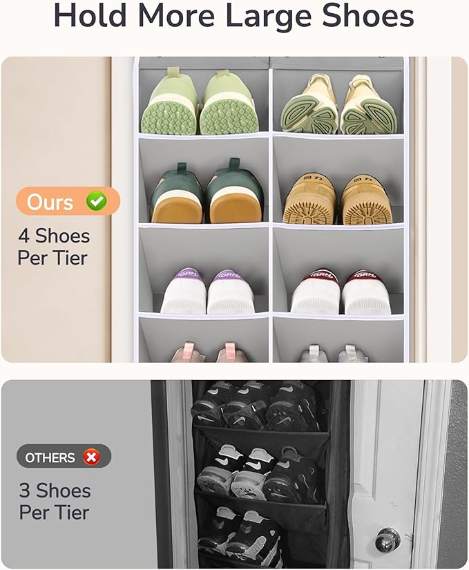 ULG Over The Door Shoe Organizer for Closet Fit 24-32 Pairs with Large Deep Pockets, Narrow Shoe Rack for Door Hanging Boots Storage, Black