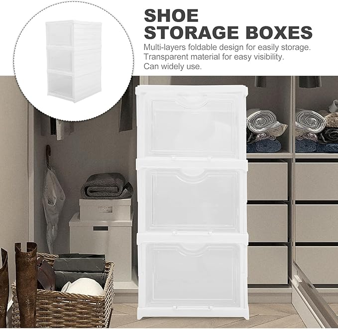 BESPORTBLE Stackable Shoe Storage Boxes with Lids Foldable Multi-layer Shoe Organizer Cabinet for Home Closet 3 Layers