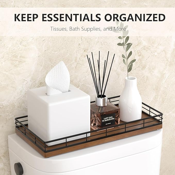 Toilet Paper Basket Organizer – Oak Wood Toilet Tank Tray with Metal Frame, Bathroom Counter Top Storage for Toilet Paper, Wipes & Decor, Modern Narrow Back of Tank Shelf Organizer, Black & Brown