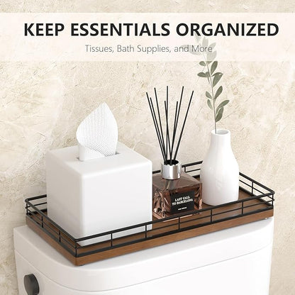 Toilet Paper Basket Organizer – Oak Wood Toilet Tank Tray with Metal Frame, Bathroom Counter Top Storage for Toilet Paper, Wipes & Decor, Modern Narrow Back of Tank Shelf Organizer, Black & Brown