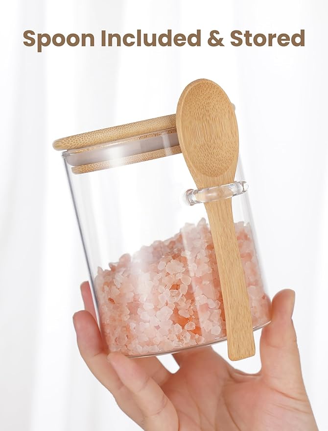 NiHome 17 oz Glass Salt Cellar with Bamboo Lid and Spoon, Integrated Design Clear Container for Salt, Sugar, Coffee Beans, Snack Nuts, Kitchen Spice Storage