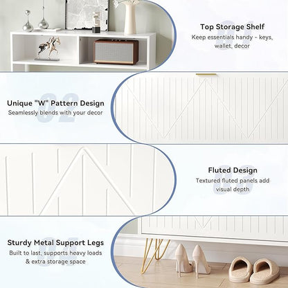 Fluted Shoe Cabinet Storage for Entryway, 39'' Large White Shoe Organizer with 2 Flip Drawers & Open Shelf, Freestanding Hidden Shoe Storage Cabinet