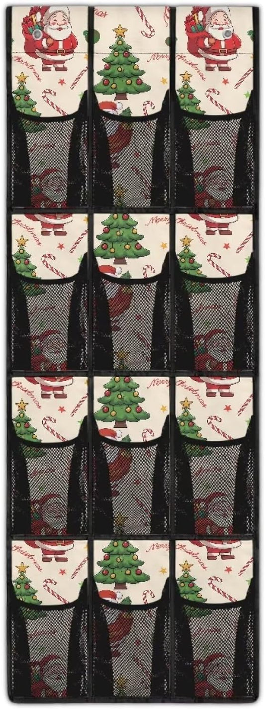 Christmas Shoe Organizer Over The Door for Living Room Christmas Tree Door Hanging Shoe Organizer with 12 Pockets,Mesh Fabric with 4 Metal Hook Wall Hanging Storage
