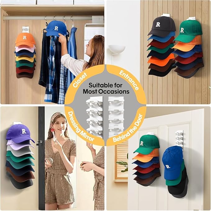 2 Pack Hat Organizer for Baseball Caps, Hat Rack for Wall with Strong Adhesive, Wall Mounted Hat Hooks Hold up to 16 Hats for Closet Door and Bedroom (White)