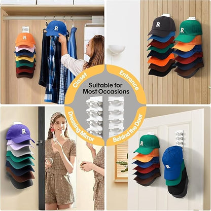 2 Pack Hat Organizer for Baseball Caps, Hat Rack for Wall with Strong Adhesive, Wall Mounted Hat Hooks Hold up to 16 Hats for Closet Door and Bedroom (White)