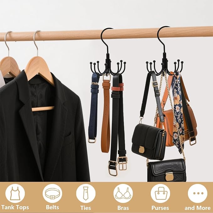 Belt Hanger 2 Pack 360° Rotatable Closet Organizer for Ties, Belts, Scarves, Hats Space-Saving Multi-Purpose Storage Hooks with Durable Design