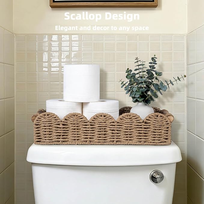 CubesLand Bathroom Basket Organizer w/Cut Out Handle, Back of Toilet Paper Storage Baskets Tray for Bathroom Countertop Decorative, Scalloped Wicker Basket Also for Home Decor, Living Room, Neutral