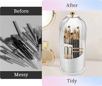 Makeup Brush Holder with Lid 360 Rotating Makeup Brush Organizer, Dustproof Waterproof Material & with 3 Compartments for Organized Storage, Dressing Tables Clear Storage Skincare Cosmetic (White)