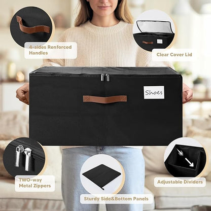 Shoe Organizer for Closet, Large Shoe Storage Box Container with Clear Cover,Foldable Shoe Storage Bins with Adjustable Divider,Space Saving Shoes Box with 4 Handles,Fits 12-24 Pairs (Black, large)