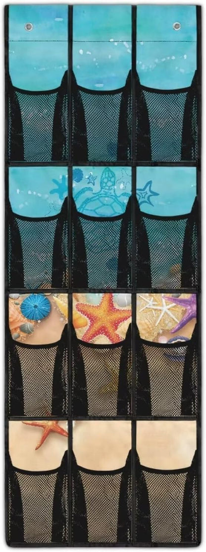 Multi-Functional 12-Pocket Hanging Bag for Doors, Heavy Duty Oxford Cloth Waterproof Lightweight and Space-Saving Design, Beach Starfish Turtle