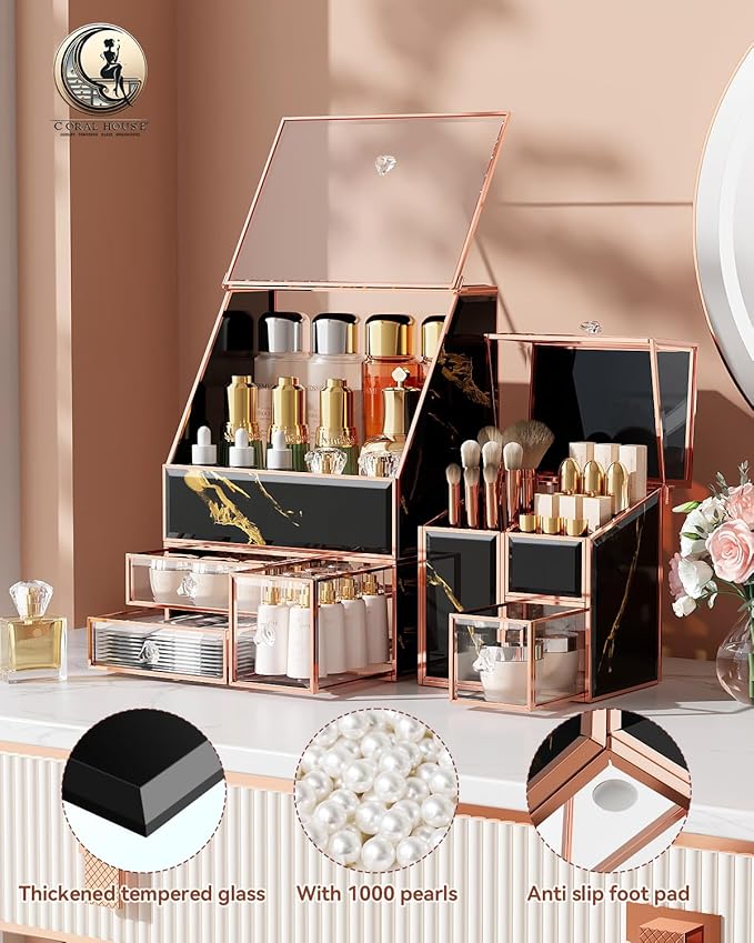 CoralHouse Makeup Organizer Black,Glass Vanity Organizer for Skincare, Perfume, Brushes & Lipsticks – Countertop Makeup Storage Box for Women, Bathroom or Dresser