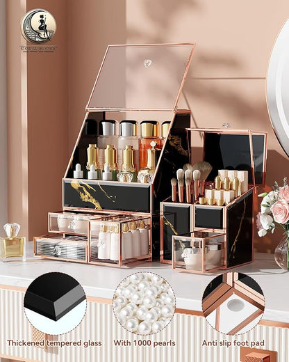 CoralHouse Makeup Organizer Black,Glass Vanity Organizer for Skincare, Perfume, Brushes & Lipsticks – Countertop Makeup Storage Box for Women, Bathroom or Dresser