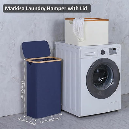 Slim Laundry Basket,60L Laundry Hamper with Lid, Tall Hamper for Laundry,Dirty Cloth Hamper with Bamboo Handle for Toys,Towels, Clothes Organizing, Navy Blue