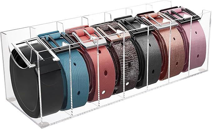 Belt Organizer, Belt Storage Box with 7 Compartments, Acrylic Belt Storage Holder for The Closet, Clear Belt Display Case for Closet Tie,Bow Tie and Watch Jewelry