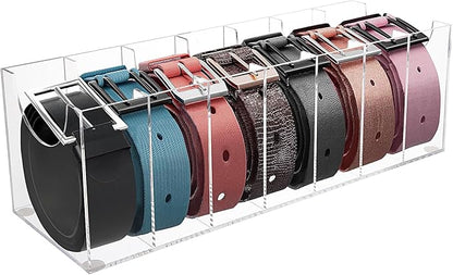 Belt Organizer, Belt Storage Box with 7 Compartments, Acrylic Belt Storage Holder for The Closet, Clear Belt Display Case for Closet Tie,Bow Tie and Watch Jewelry