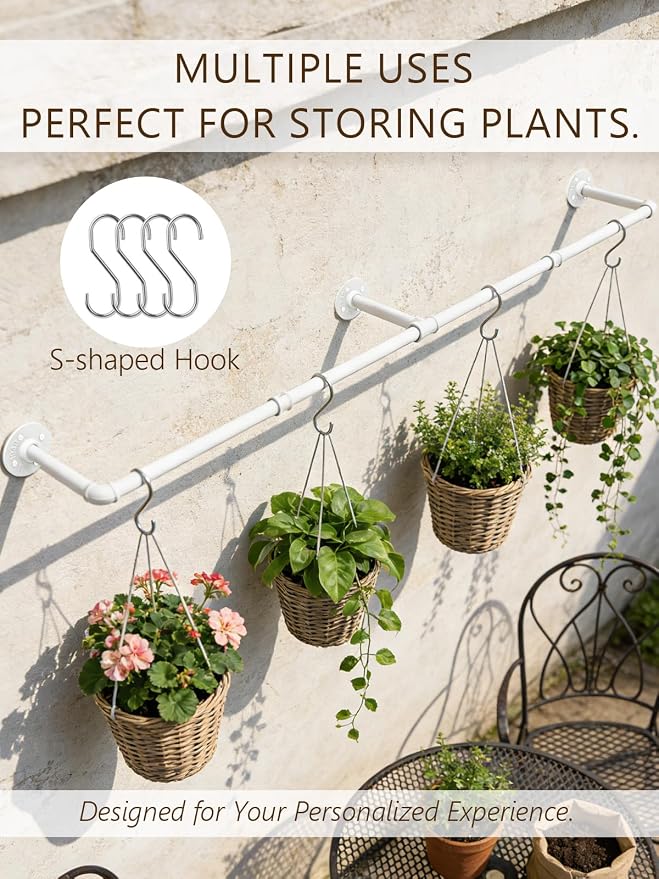 Aduanbang 65.7in Industrial Pipe Wall Mounted Clothes Rack, Heavy Duty Detachable Iron Garment Bar, Rustic Space-Saving Hanging Rod for Bedroom, Closet – White,4 hooks