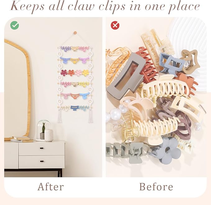 SNOWSTAR Macrame Hair Claw Clip Organizer,Hanging Hair Clip Holder and Storage for Women Girls,Claw Clip Hanger Home Decor for Wall,Door,Closet