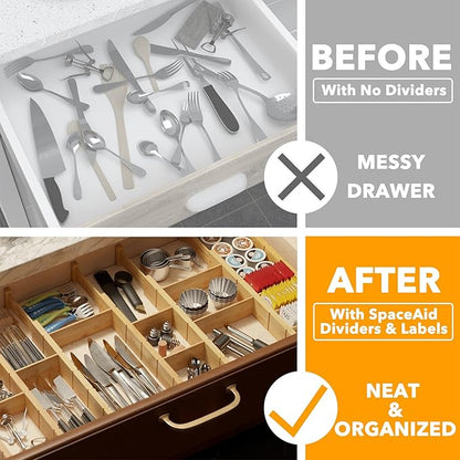 SpaceAid Bamboo Drawer Dividers with Inserts and Labels, Kitchen Adjustable Drawer Organizers, Expandable Organization for Home, Office, Dressers, 10 Dividers with 24 Inserts (17"-22" Natural)